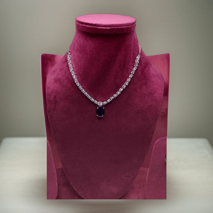 Make a bold statement with our Olivia Sapphire Blue American Diamond Necklace. This eye-catching piece features sparkling sapphire blue American diamond accents that catch the light beautifully. The adjustable chain ensures a perfect fit, making it suitable for all necklines.